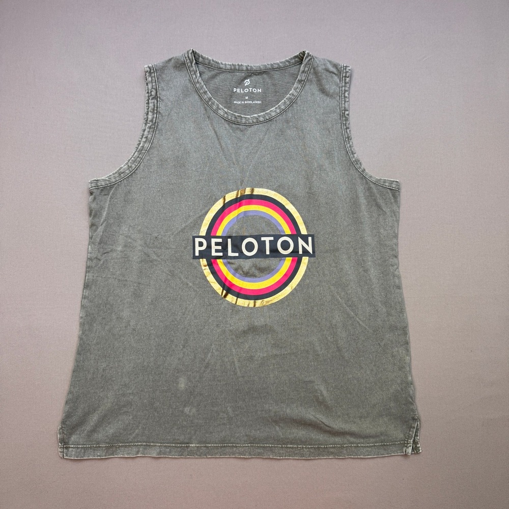 Peloton Womens Muscle Tank Top Gray Acid Wash Graphic Logo Sleeveless Size M